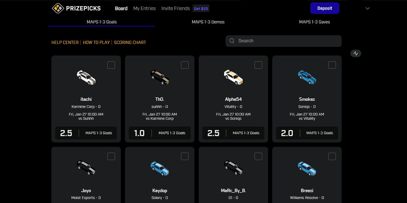 Prizepicks rocket league betting screenshot of pick ems of rlcs tournament